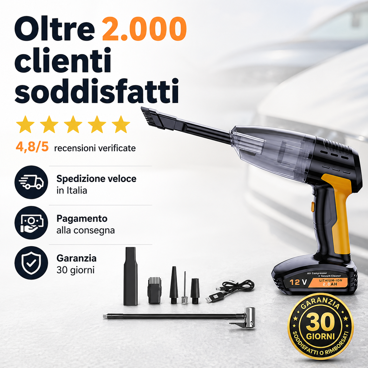 AutoPronto™ – Compressore & Aspirapolvere 4-in-1 Portatile